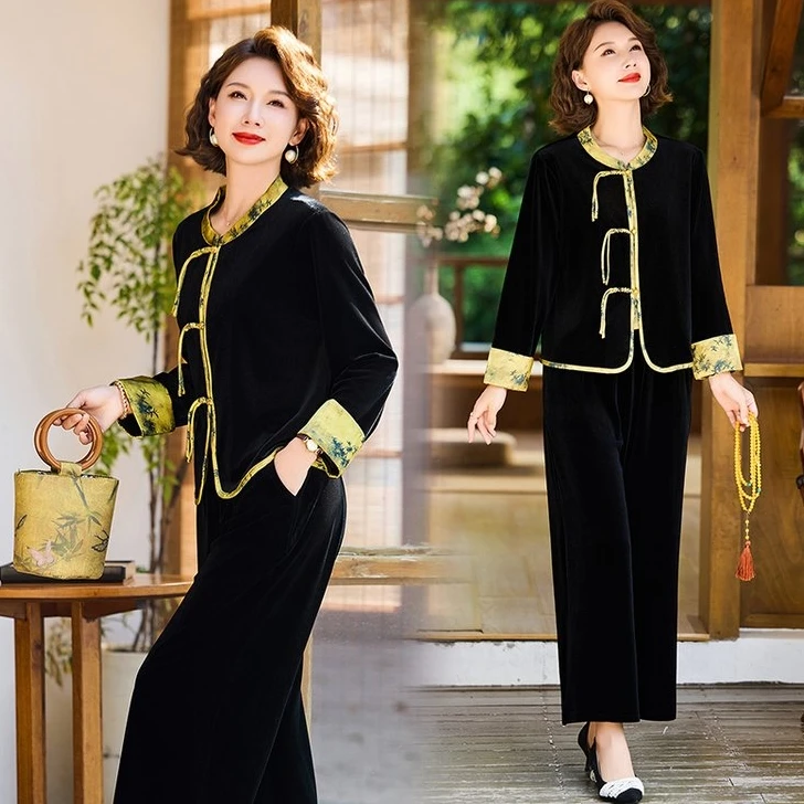 春秋中老年女装妈妈时尚气质长袖秋季金丝洋气中式中国风两件套装