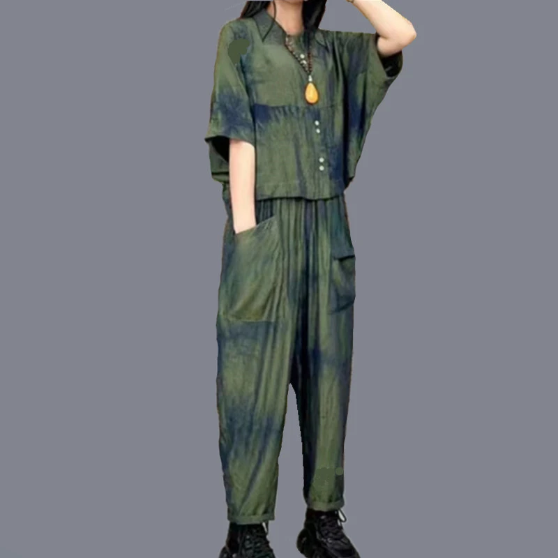 夏季新款洋气薄款套装休闲时尚减龄上衣大口袋裤子两件套时髦女装