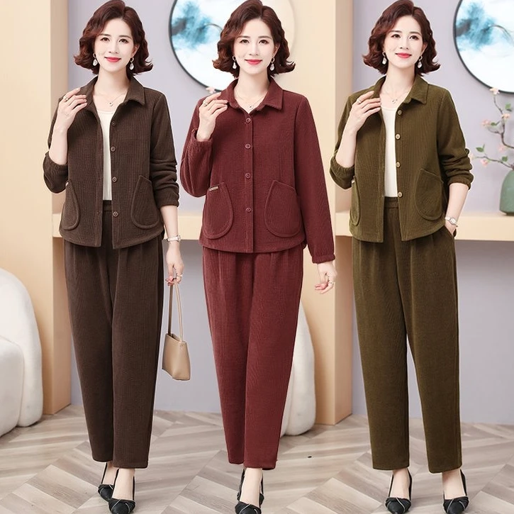 春秋洋气妈妈装中老年女装套装时尚气质减龄中年两件套老年人衣服