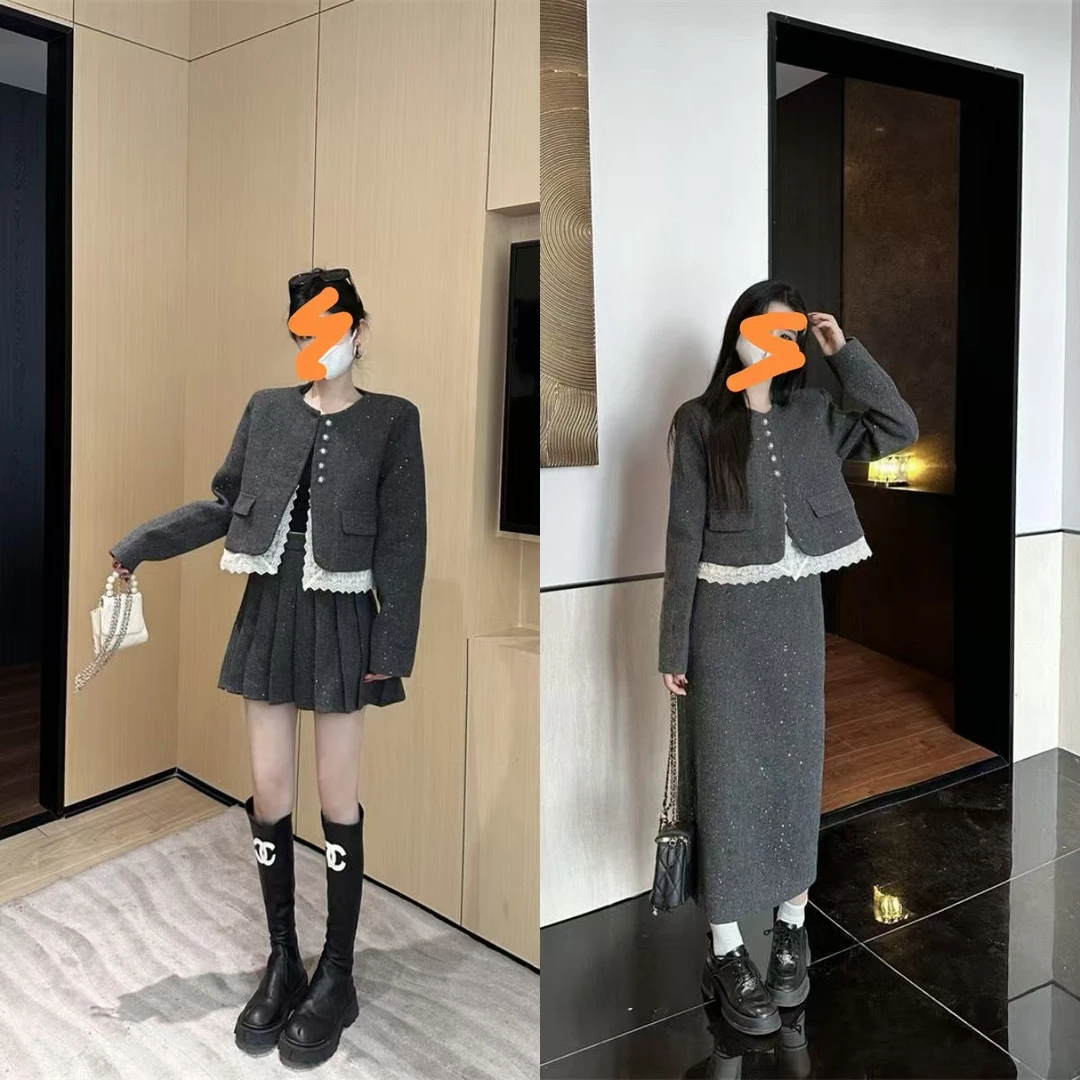 气质小香风两件套女装大码加厚半裙秋冬新款时尚针织