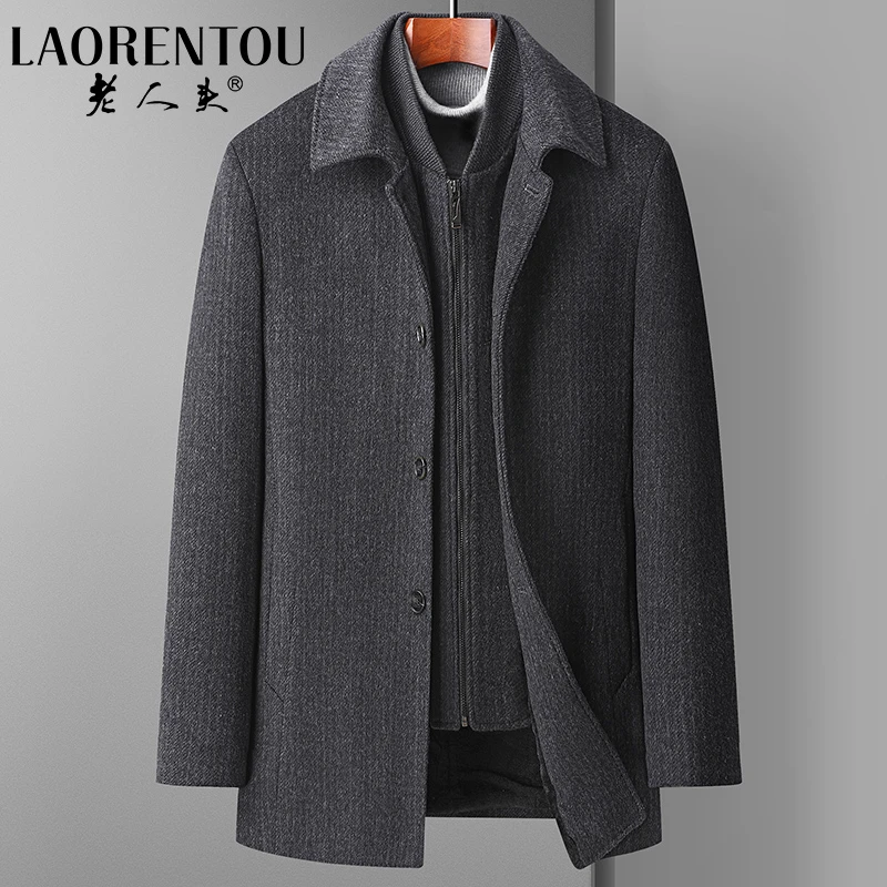 老人头【50%绵羊毛】男士商务休闲毛呢大衣加绒夹棉加厚可拆卸内胆
