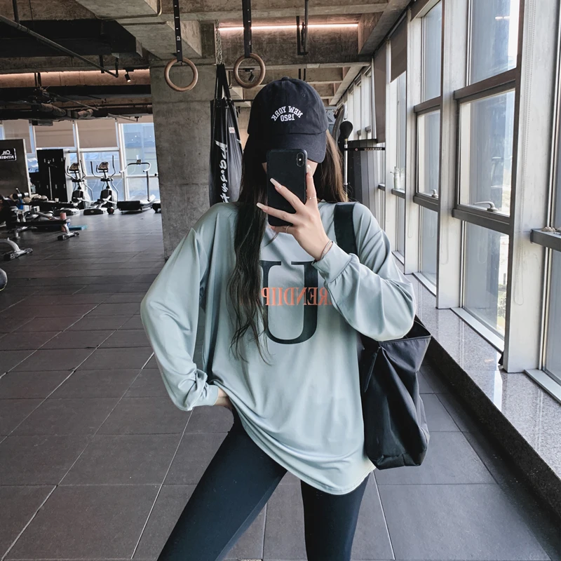 显瘦宽松大码胖mm女健身服瑜伽服上衣速干跑步长款字母运动T恤衫