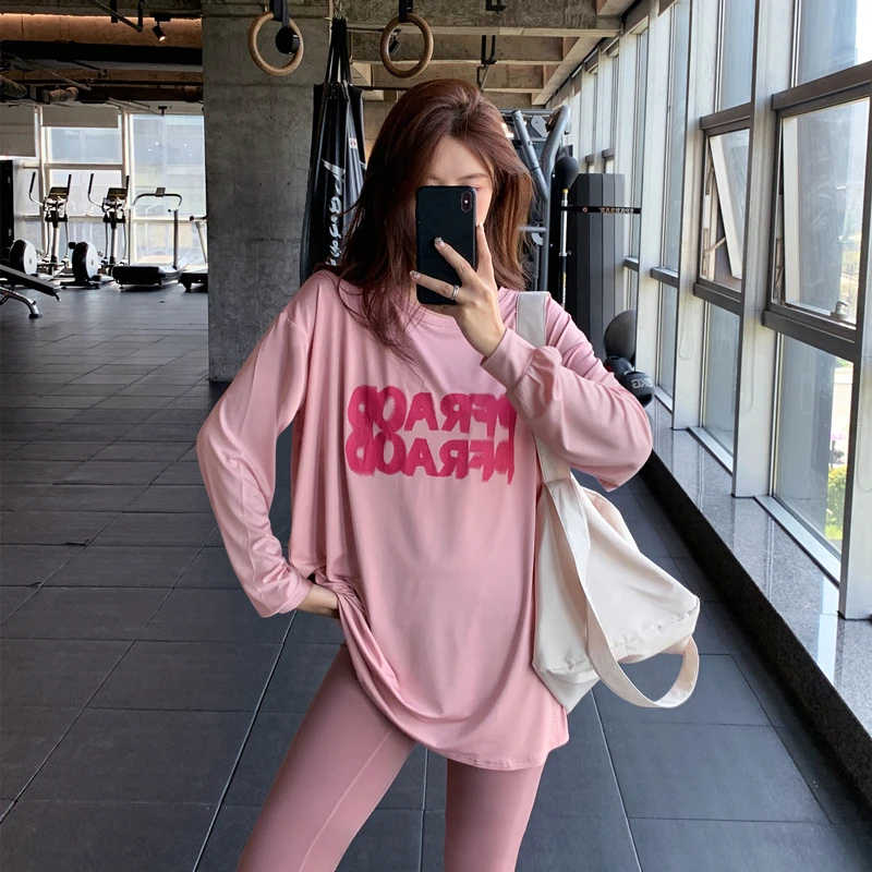 显瘦宽松大码胖mm女健身服瑜伽服上衣速干跑步长款字母运动T恤衫