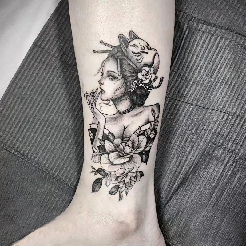 网红艺伎浮世绘草本纹身贴果汁防水半永久持久手臂腿花臂男女逼真