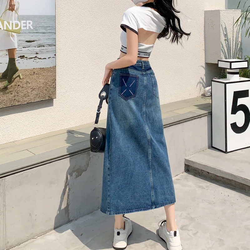高腰牛仔半身裙女春秋2023新款复古a字中长款显瘦包臀裙子辣妹潮