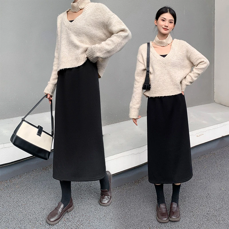春秋季加绒半身裙高腰显瘦开叉A字裙宽松中长款百搭休闲一步裙子