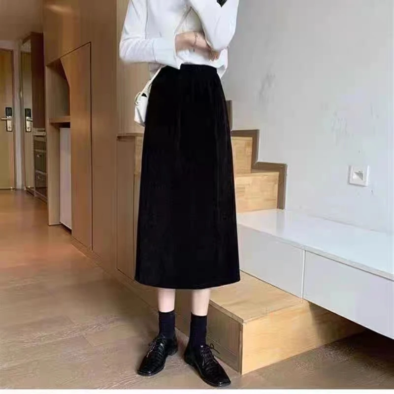 雪尼尔秋冬季半身裙高腰显瘦中长款宽松A字群时尚百搭冬装一步裙