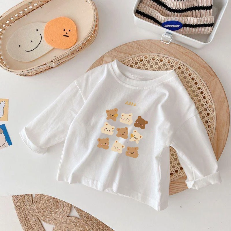 100%棉儿童长袖t恤2025春秋新款时尚白色印花上衣男女童打底衫潮T