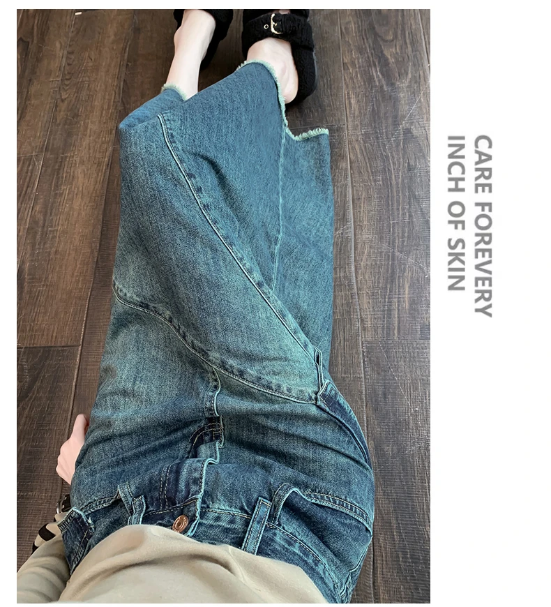 复古拼接毛边女款气质服装2024新款牛仔半身裙显瘦百搭中长高腰裙