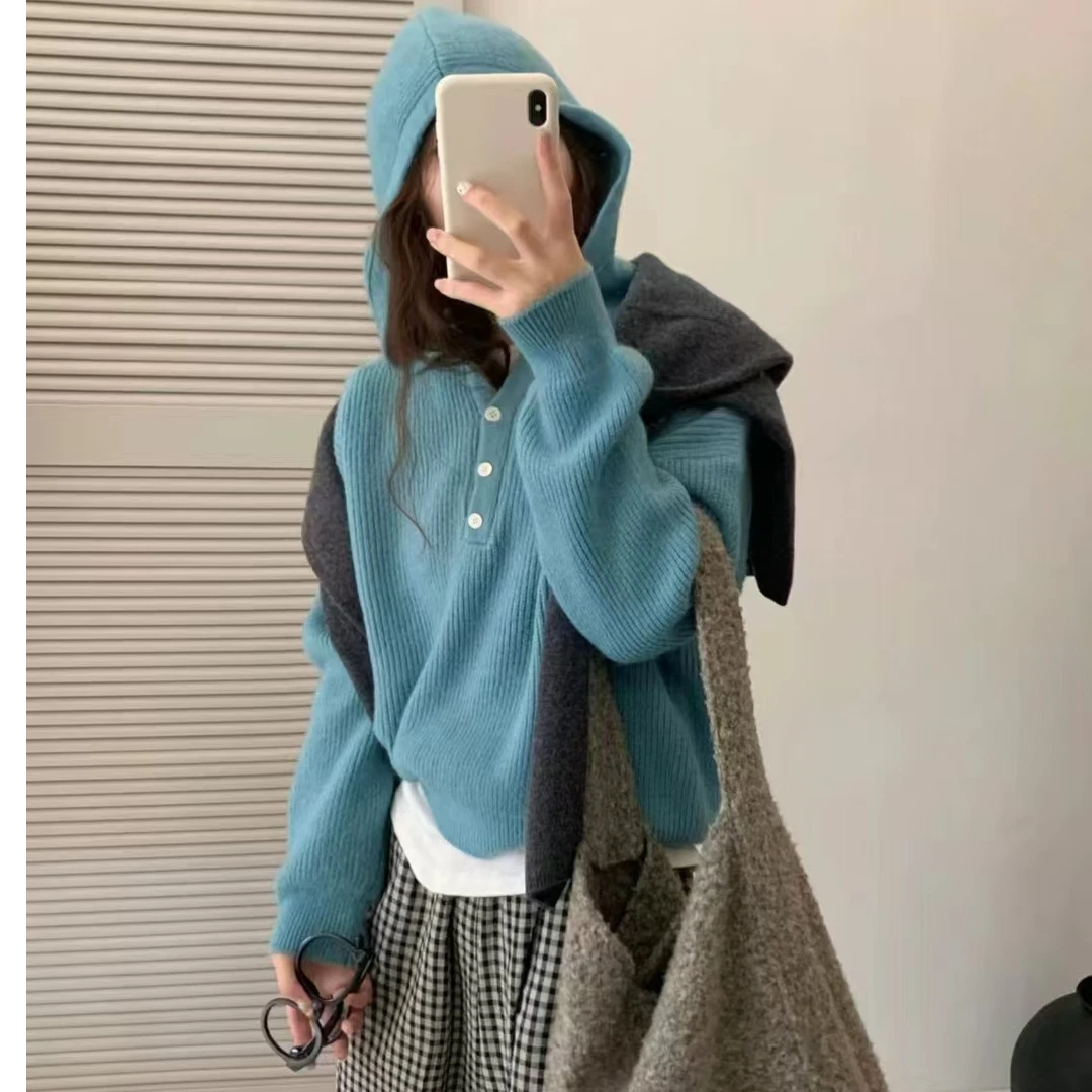 秋冬网红宽松韩版连帽套头纯色毛衣针织衫时尚百搭慵懒风糖果色