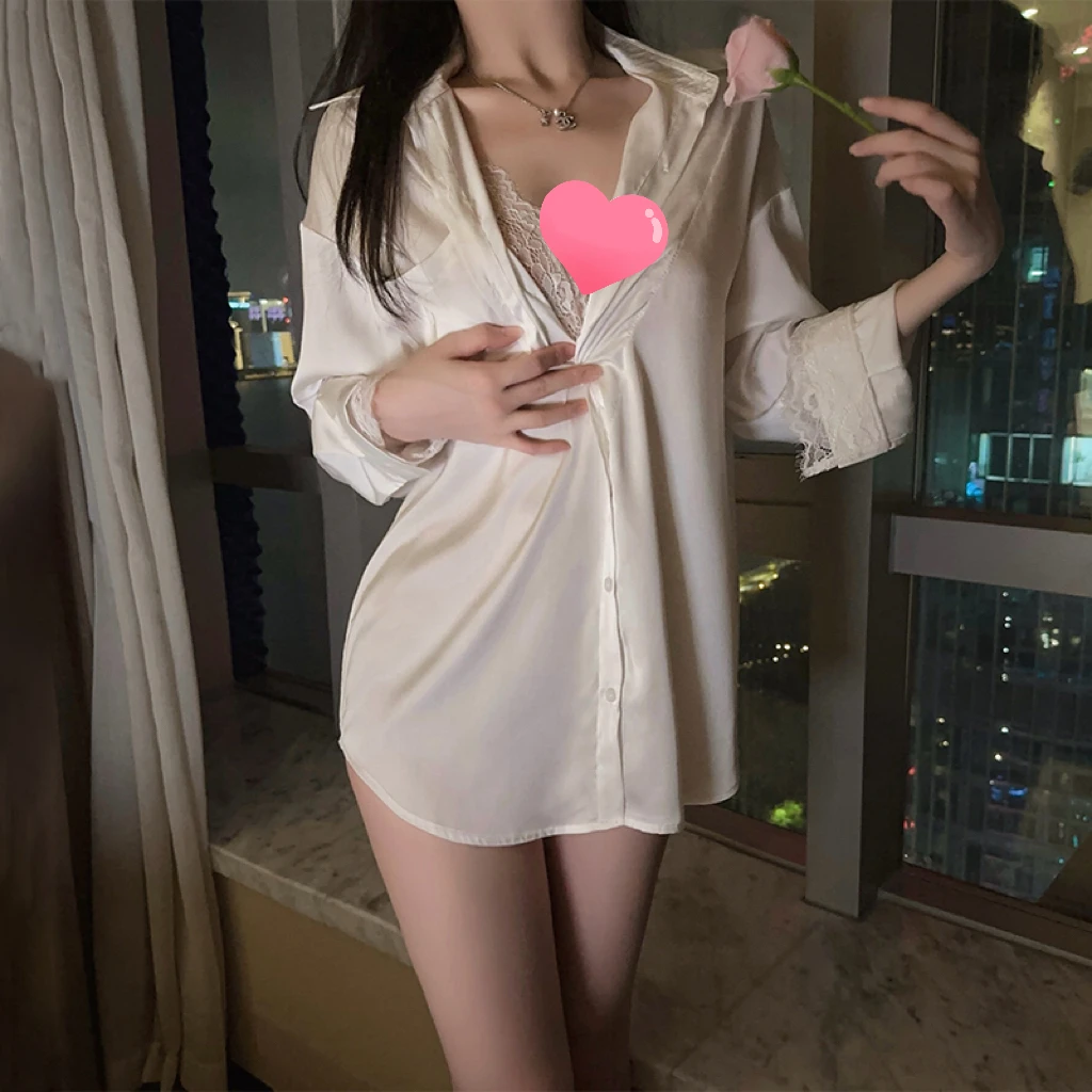 【约会必备】新款蕾丝性感宽松冰丝睡裙睡衣性感纯欲风衬衫家居服