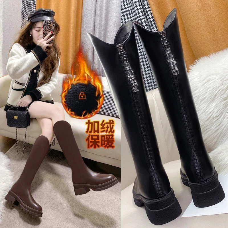 加绒v口长靴女粗腿厚底高筒大筒围显瘦长筒靴2023新款骑士马丁靴