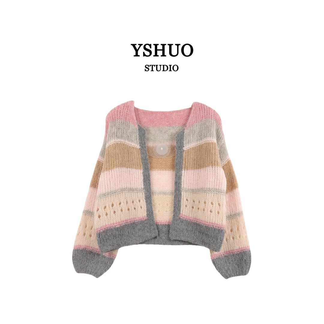 YSHUO【红红推荐】时尚慵懒感早秋拼多色镂空毛衣开衫  706