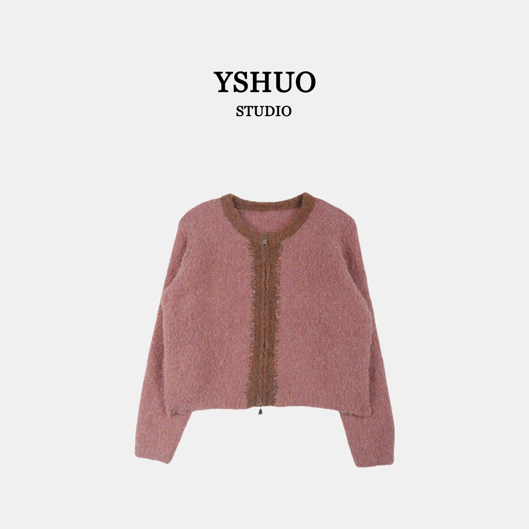 YSHUO【秋日私语】美拉德复古秋冬拼色双拉链宽松毛衣外套 24745