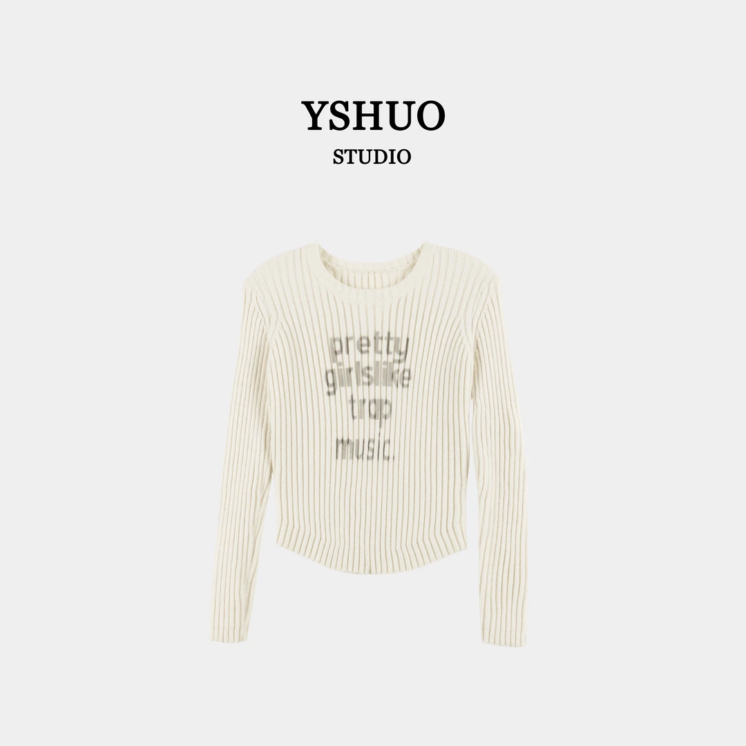 【珍珠糖豆】圆领套头字母印花设计感小众竖坑条纹毛衣 24819