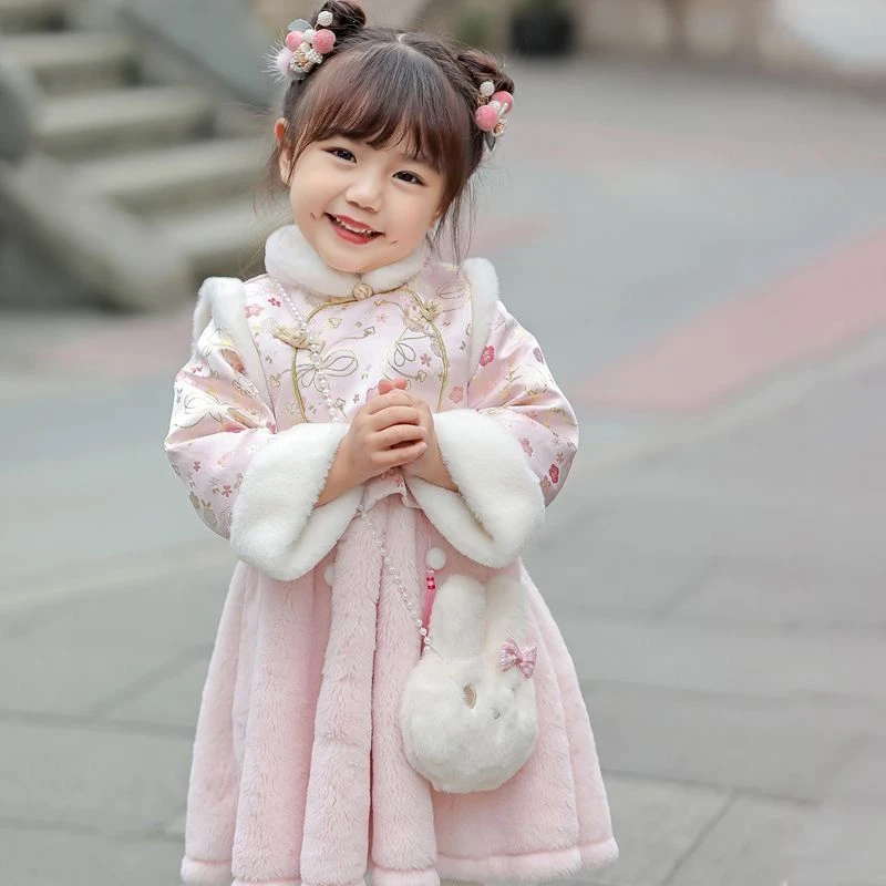 女童连衣裙拜年服2023儿童洋气冬装新款加棉唐装宝宝古装汉服旗II
