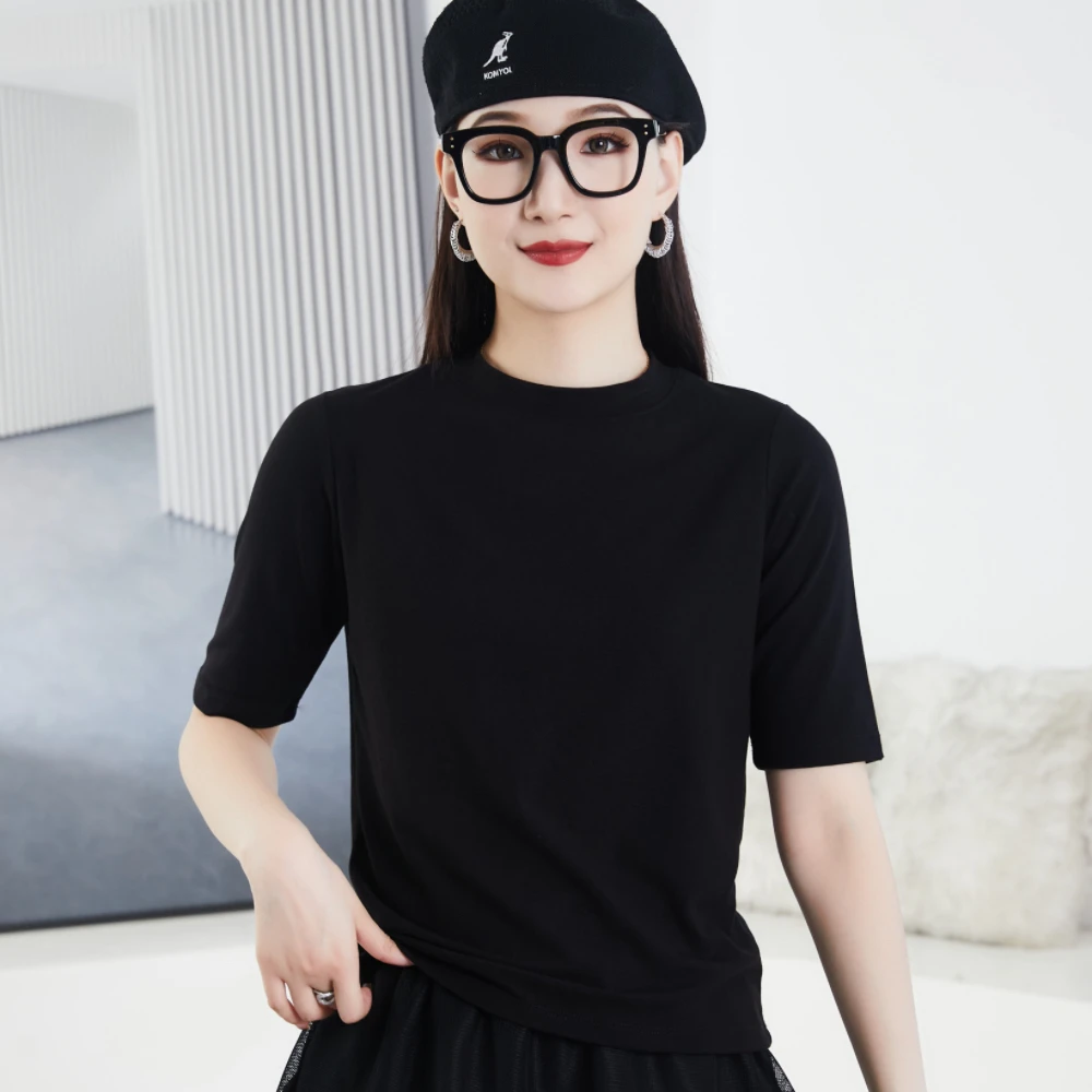 【专柜品质】春夏纯色圆领针织打底衫五分袖显瘦时尚百搭T恤中袖