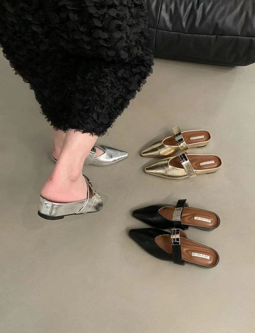 银色内增高单鞋女士包头半拖鞋女夏季外穿新款配裙子复古玛丽珍鞋