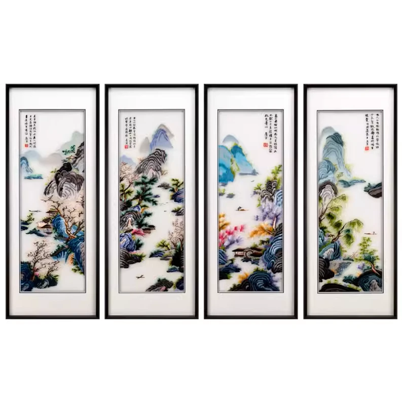 招财山水苏绣成品四联挂画客厅实木装饰画刺绣画