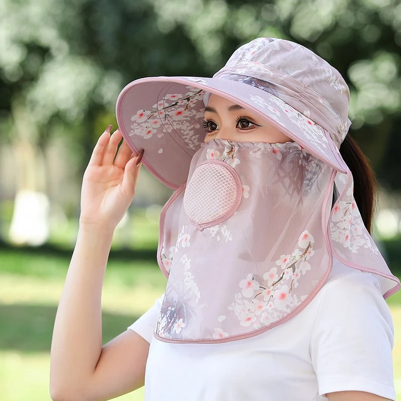 新款冰丝雪纺大帽檐遮阳防晒防紫外线帽子口罩一体式梅花款