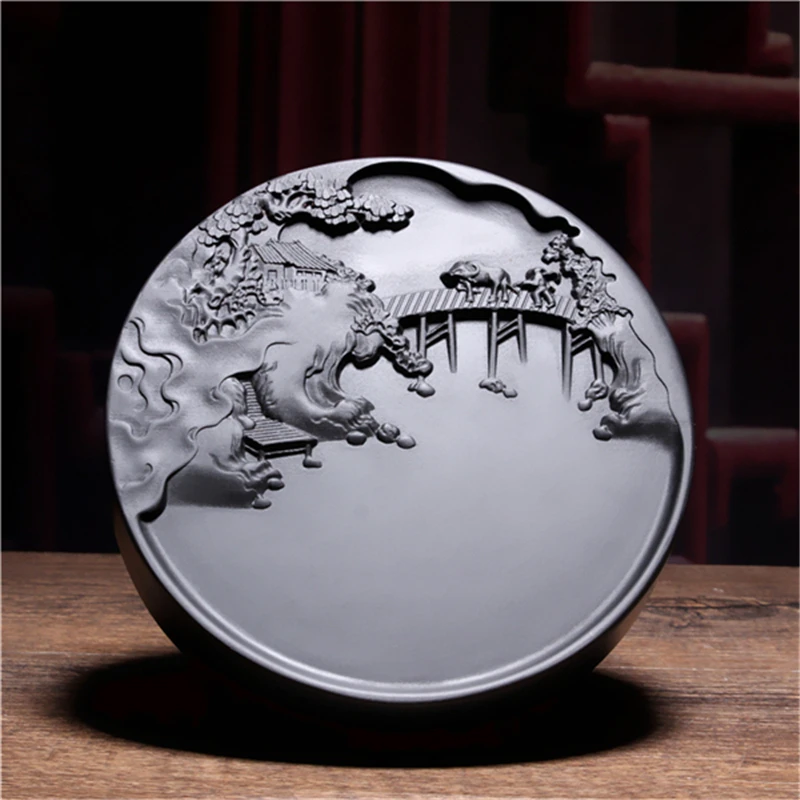 六寸小桥流水人家圆形歙砚砚台系列14.4*14.4*2.2cm多款可选