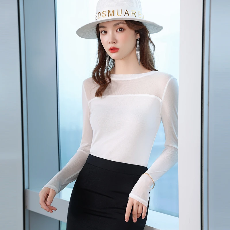 设计感气质网纱拼接打底衫内搭女2024秋冬新款时尚韩版半高领T恤