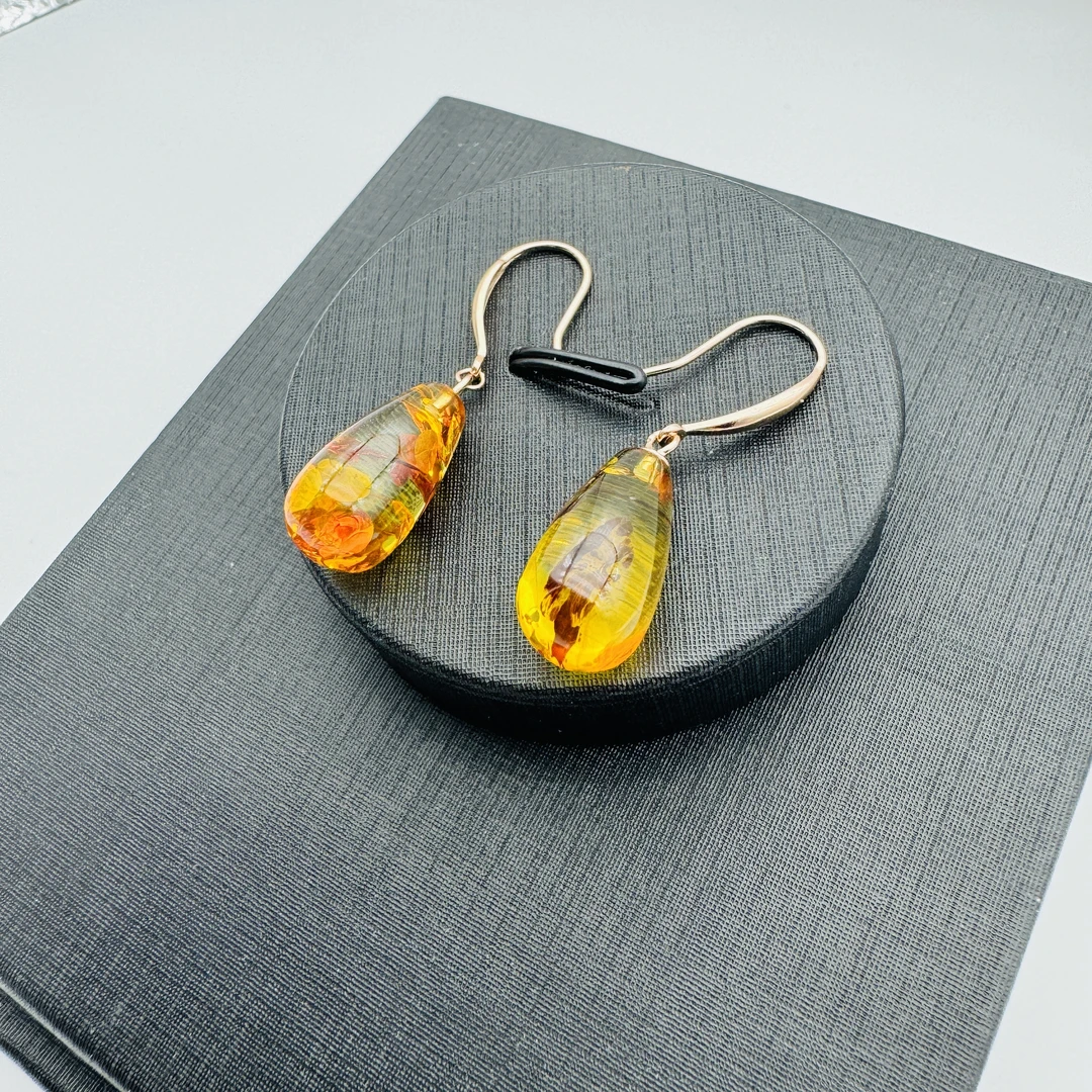 【星筠珠宝】花珀S925银镶嵌小水滴耳钩珠宝玉石