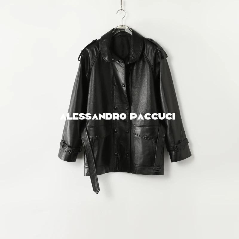 AP洛哥44064PY【黑标系列】西班牙进口羊皮圆弧立领宽肩腰带皮衣