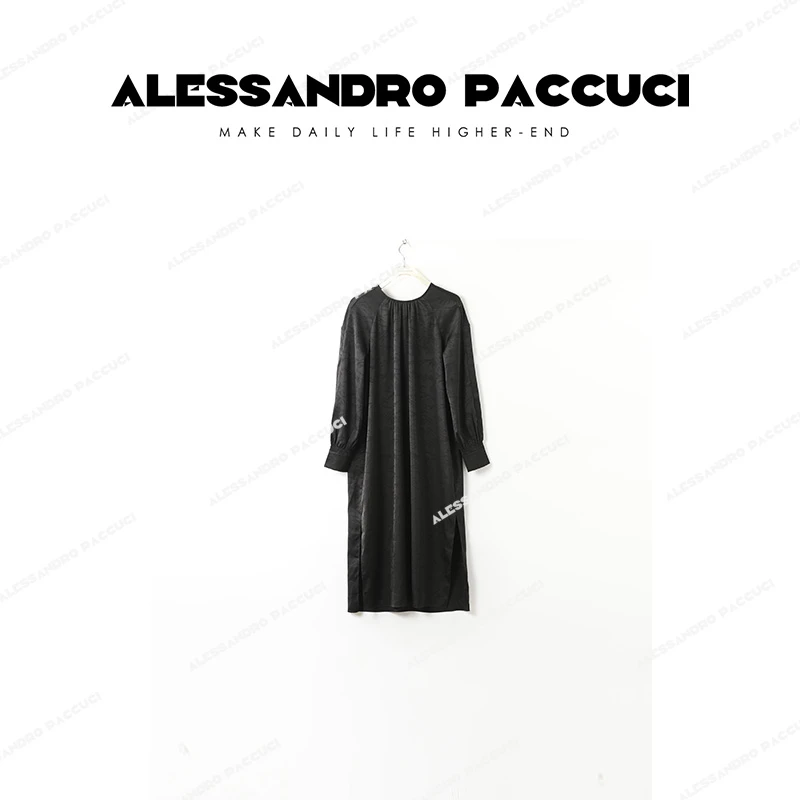 AP洛哥43075LL【锦墨】黑色圆领系绳流苏提花气质长袖连衣裙