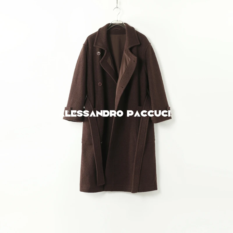 AP洛哥44020DY【偏韵】绵羊毛翻领纯色中长款偏襟时尚百搭大衣2024