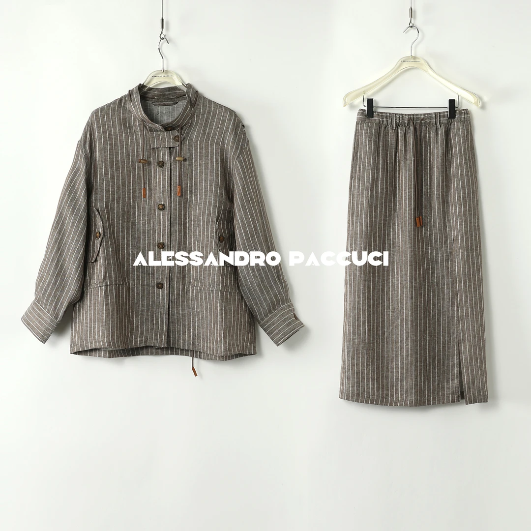 AP洛哥43067HC/43072QB【国产暮雨森林】银丝亚麻条纹外套/半身裙