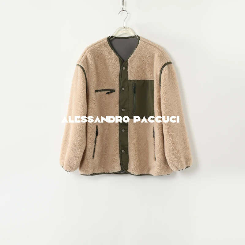 AP洛哥44036GM 羊羔毛可拆卸袖子撞色包边时尚百搭短外套2024冬