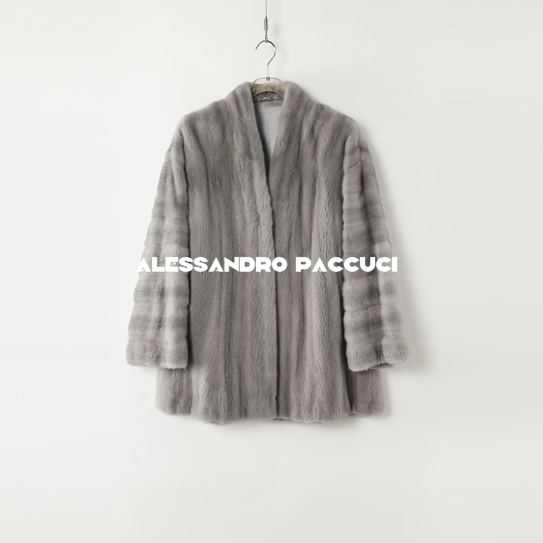 SAGA✖AP洛哥44055CS【雪山】进口水貂V领抽刀桑蚕丝皮草外套2024冬