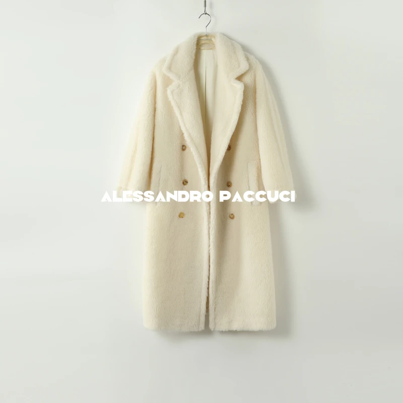 AP洛哥44019DY【乐章】羊驼毛+绵羊毛泰迪绒双排扣经典驳领大衣24冬