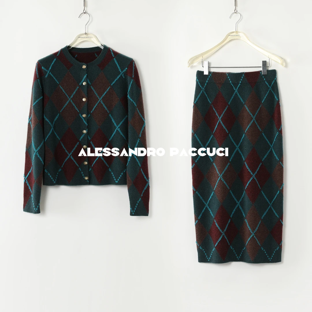 AP洛哥44245SK/43102QB【伦敦的冬】100羊绒立体嵌花撞色开衫/半裙