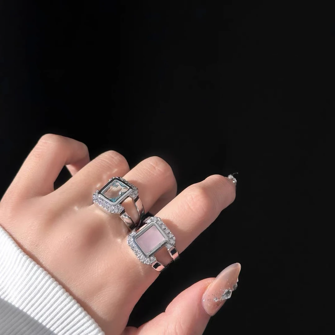 铜合金合成锆石戒指 02414果冻粉色镶嵌锆石简约百搭开口戒指