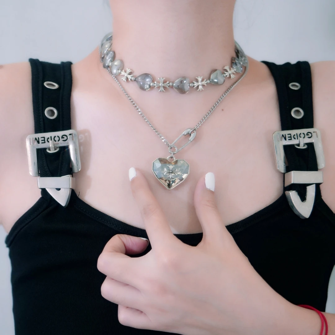 铜合金仿水晶项链 03301大绮原创个性灰色爱心别针双层套链锁骨链