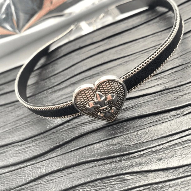 铜合金皮质项链 03015大绮原创黑色皮质爱心船锚百搭锁骨链