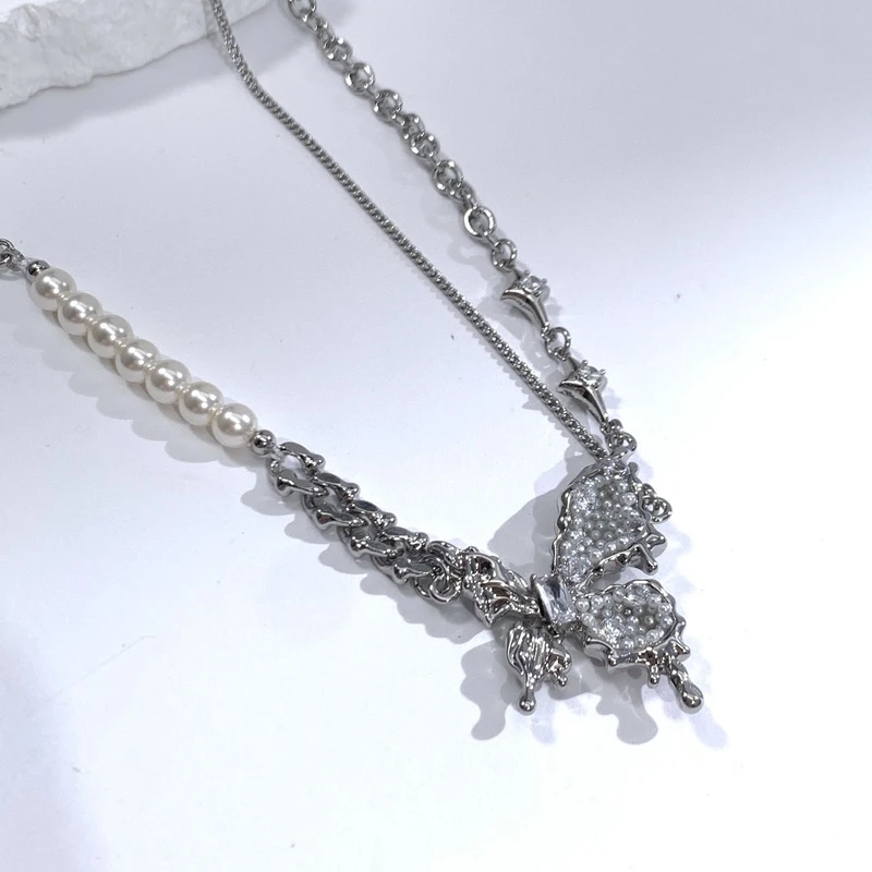 铜合金仿珍珠项链 03734 DA/QI大绮原创金属拼接贝珠蝴蝶百搭项链