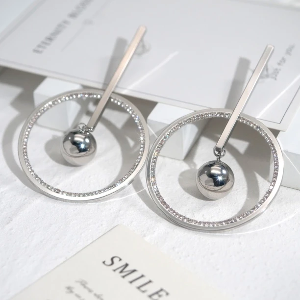 铜合金合成锆石耳饰 02689小众设计欧美夸张金属大圆圈圆球耳环