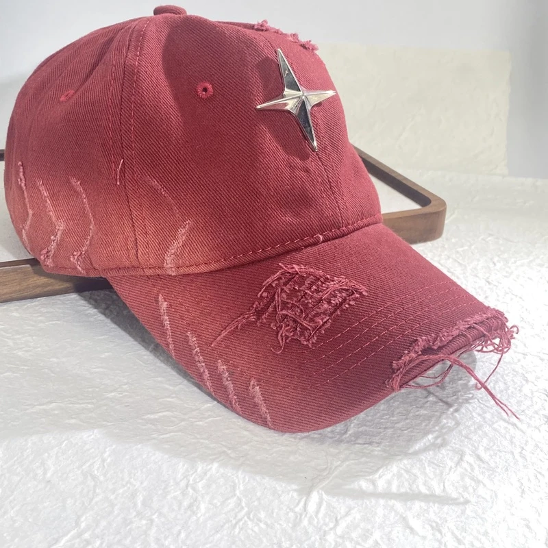 04141大淇原创复古做旧酒红色四芒星个性百搭鸭舌帽