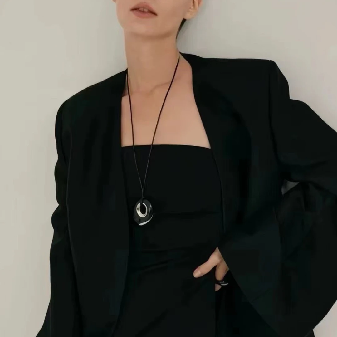 铜合金皮质项链 04023大淇原创黑色皮质不规则椭圆形百搭项链