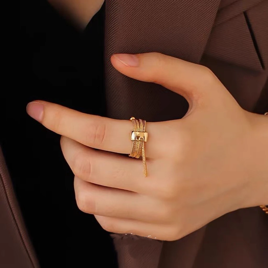 铜合金戒指 1505蛇骨链抽拉可调节飘带打结多层缠绕简约戒指