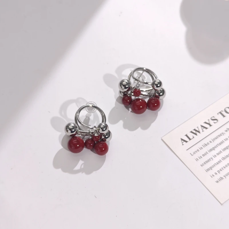 铜合金仿珍珠耳饰 04684大淇原创甜酷风安哥拉红多层仿珍珠耳钉