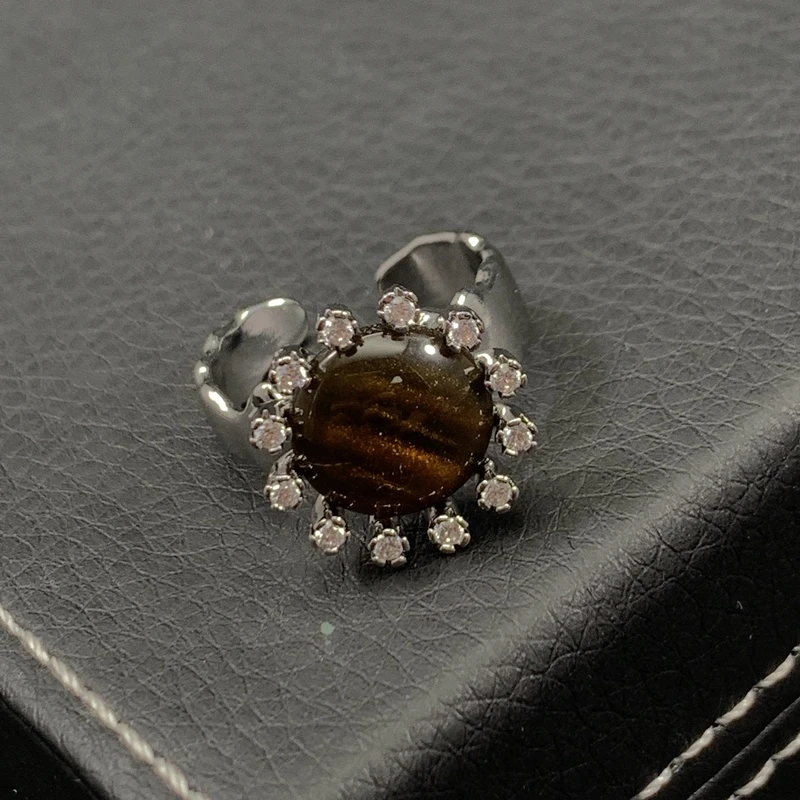 铜合金合成锆石戒指 0804小众设计美拉德复古棕色珠珠开口戒指