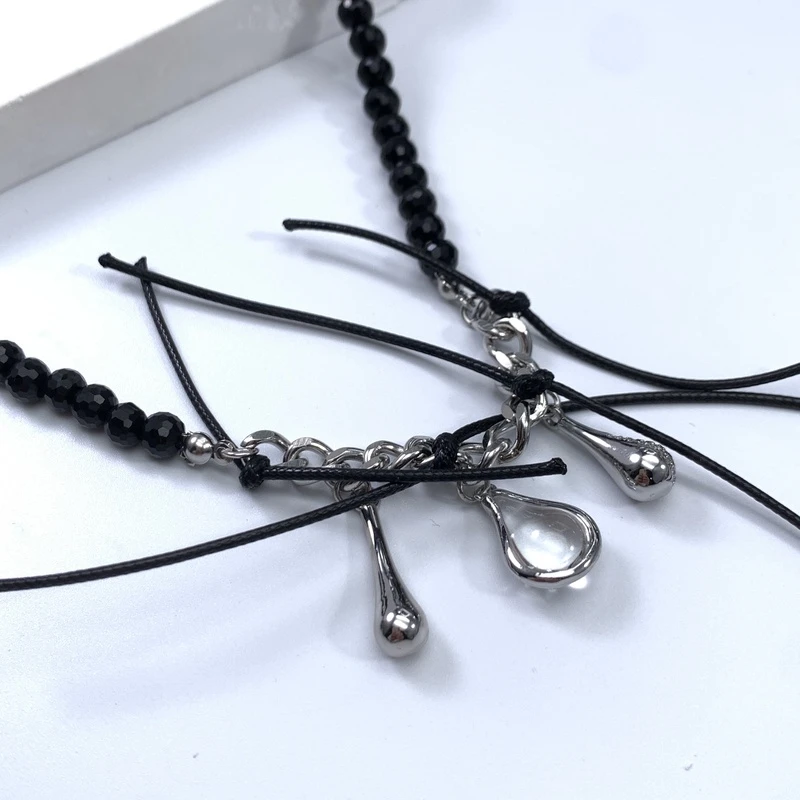 铜合金仿水晶项链 03478大绮原创甜酷风黑色仿水晶布艺个性项链