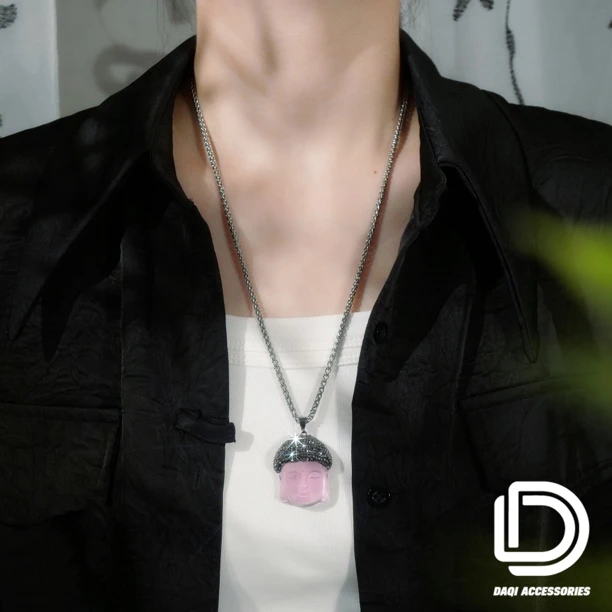 钛钢项链 02934大绮原创双层叠戴扁蛇骨链满锆佛头百搭项链