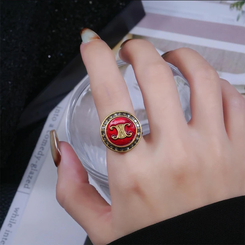 铜合金合成锆石戒指 0294时尚气质华丽双c镶嵌锆石百搭开口戒指