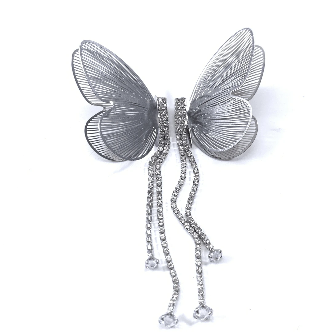 铜合金合成锆石耳饰 03271小众设计简约气质镂空白锆流苏蝴蝶耳环