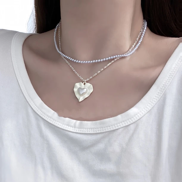 铜合金仿珍珠项链 03254大绮原创双层珠珠波光粼粼白色爱心锁骨链